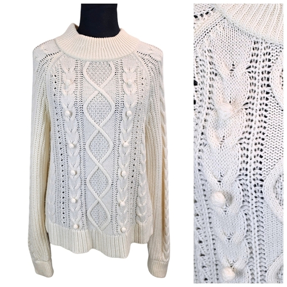J. Crew Lambswool Blend Pom Pom Cable Knit Sweater Ivory Size Medium Capsule - Picture 1 of 13
